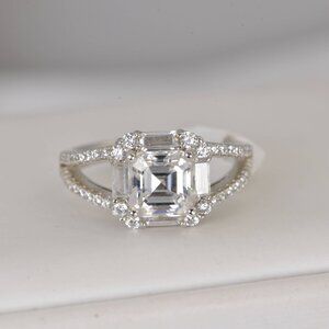 Certified 2ct Moissanite Asscher Cut Wedding Engagement Ring